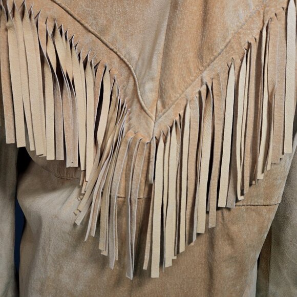Vintage 90s Fringed Suede Jacket Size M Tan Brown Western Boho Hippie Festival - Picture 13 of 16